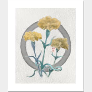 zen circle with sumiE watercolor yellow carnations Posters and Art